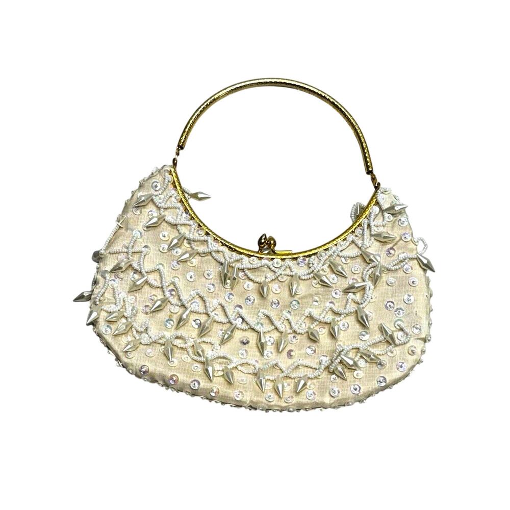 La Regale Ltd Beaded Handbag Gold Tone Metal Handle Iridescent Beads Cream Color